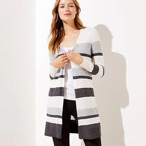 New LOFT Wool Blend Cardigan Sweater Striped Open Front - Ivory / Gray | XS